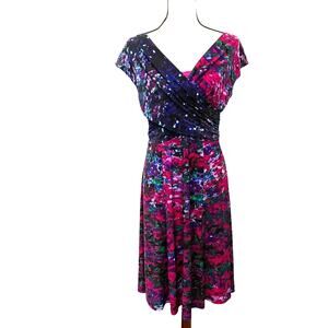 JONES NEW YORK Faux Wrap Midi Dress Size 8 Purple Floral Cami Liner Royal Career